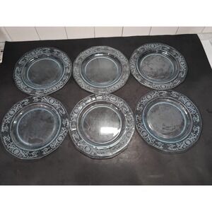 Fostoria Versailles Salad Plates, Azure Blue Lunch Dishes, 6 Plate Set Scratched